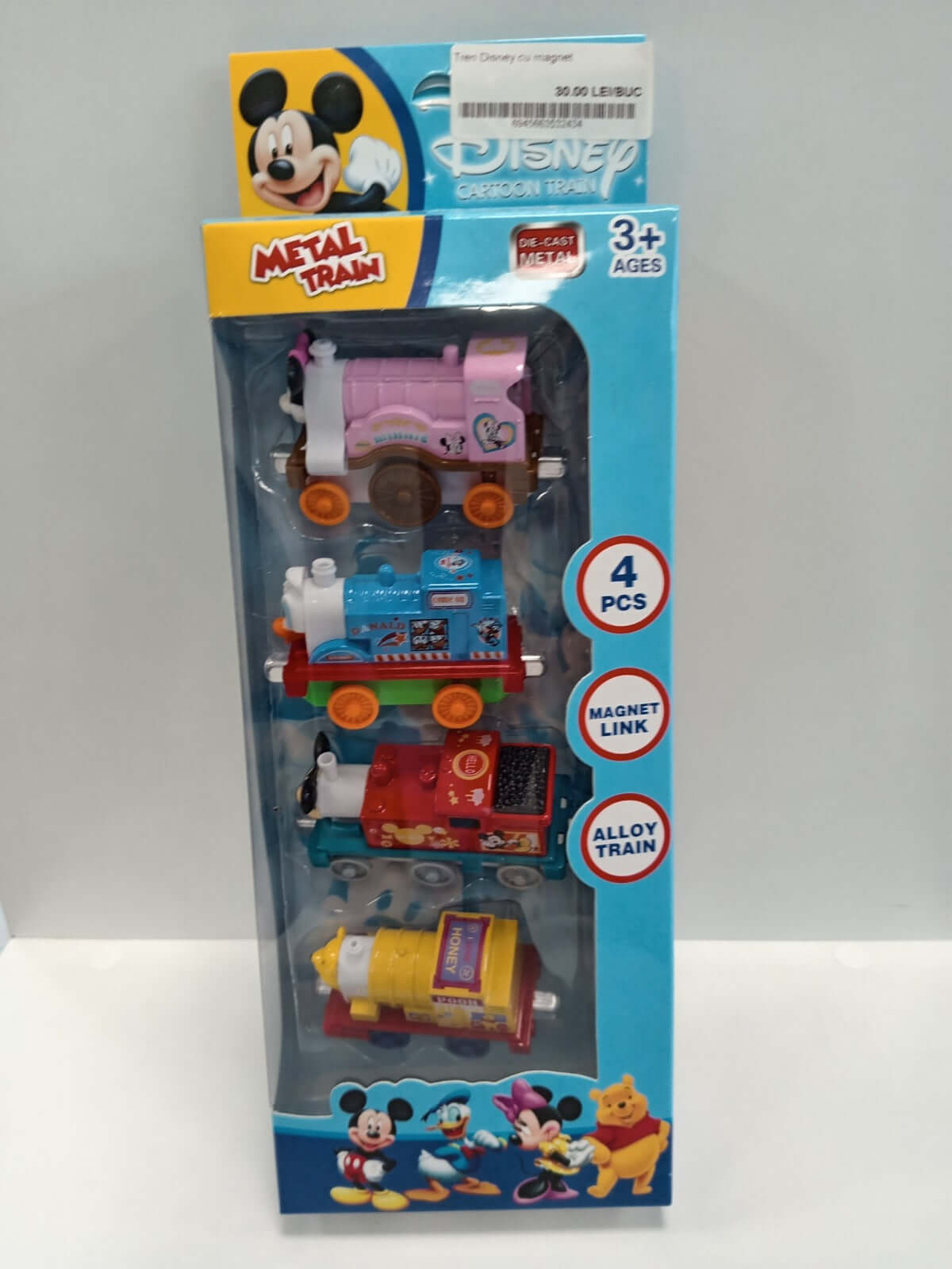 Tren jucărie din metal cu tematică Disney, perfect pentru colecționari și distracție creativă pentru copii.