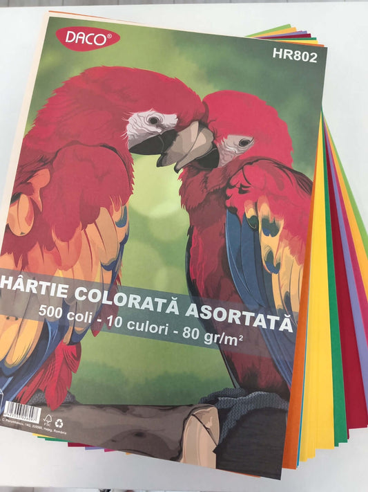 Hârtie colorată în diverse nuanțe, ideală pentru proiecte creative, decorațiuni și activități școlare.